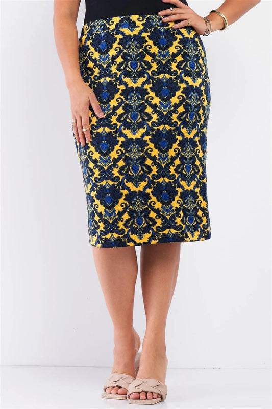 Junior Plus Yellow Blue And Black Damask Print High Waisted Mini Pencil Skirt /3-1-2 - Tasha Apparel Wholesale