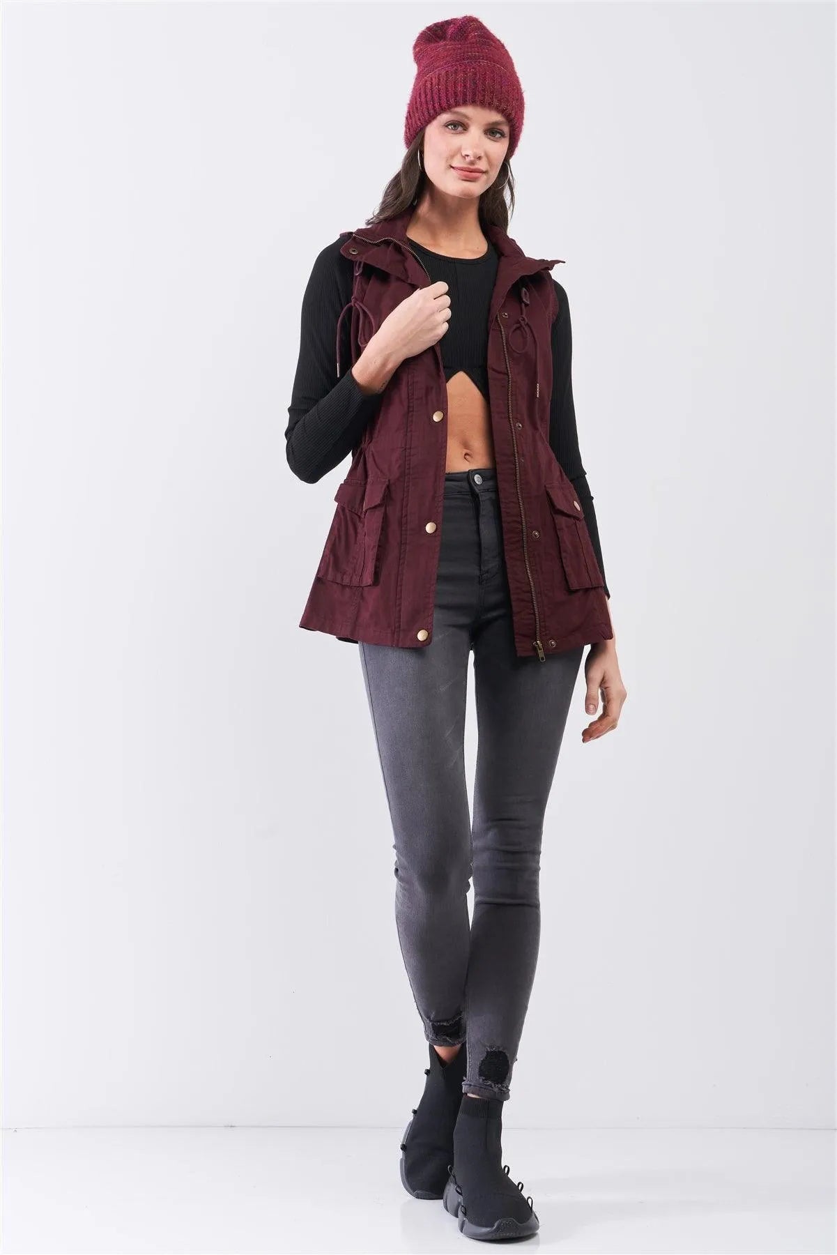 Burgundy Sleeveless Foldable Detachable Hood Detail Parka Utility Vest /2-3-1-1 - Tasha Apparel Wholesale