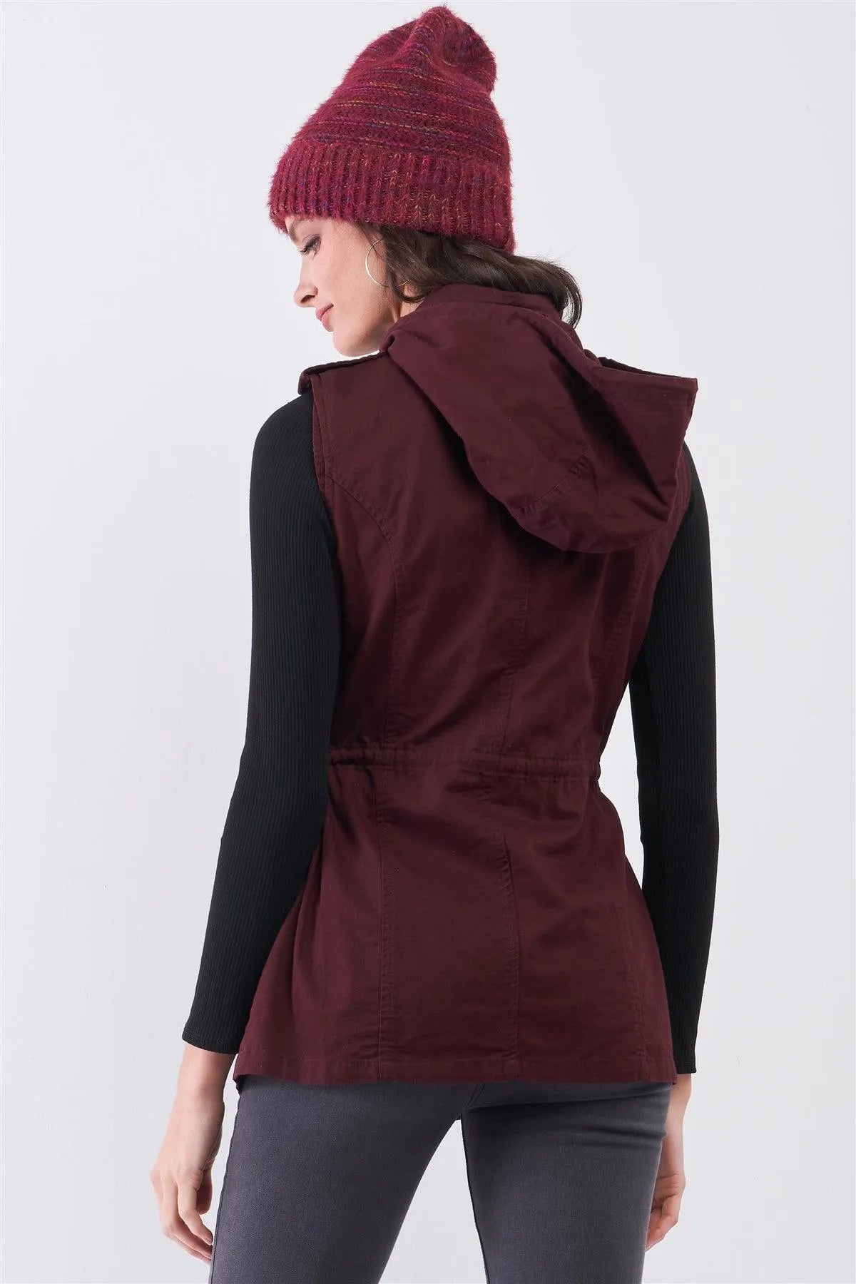 Burgundy Sleeveless Foldable Detachable Hood Detail Parka Utility Vest /2-3-1-1 - Tasha Apparel Wholesale