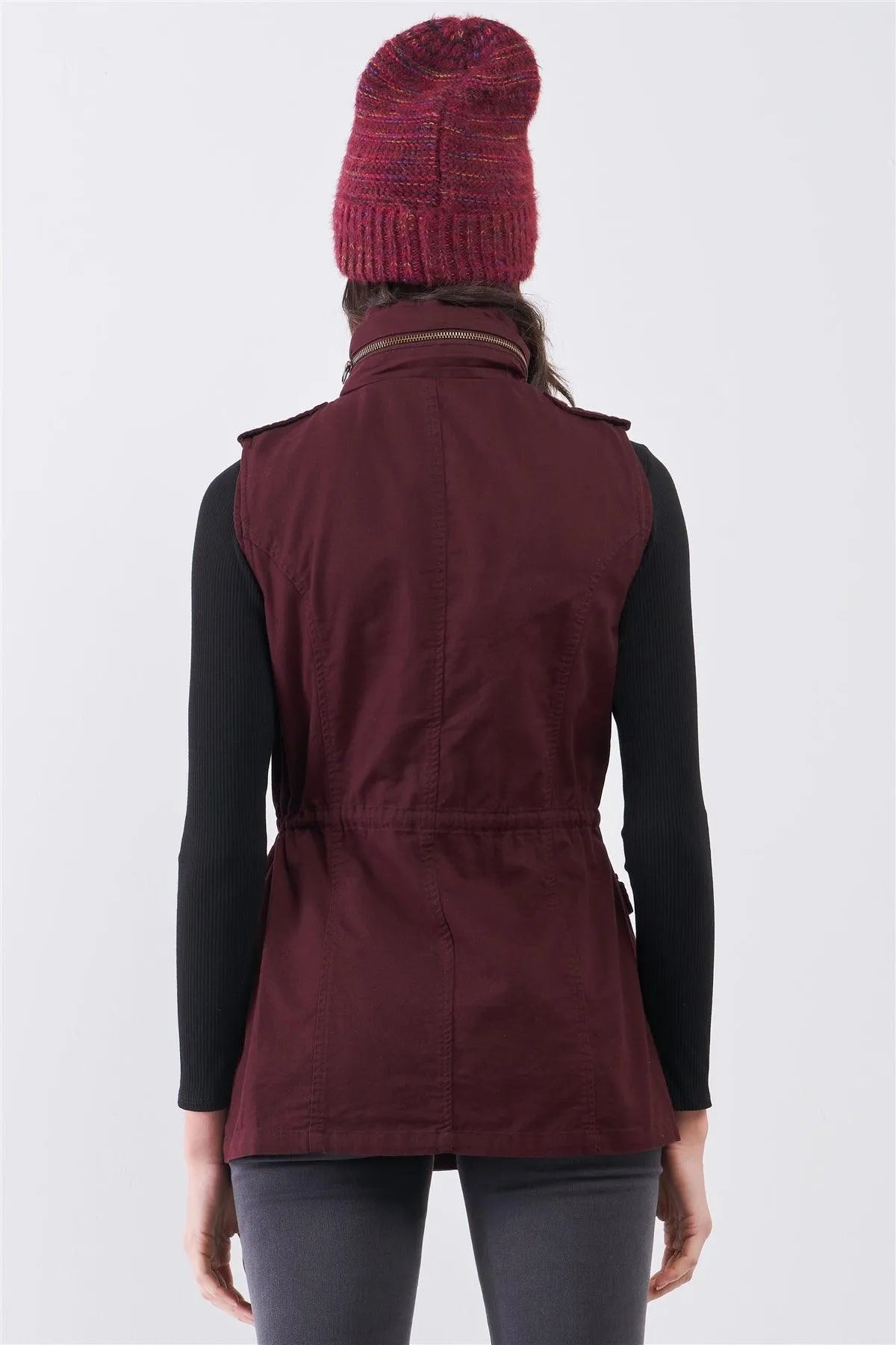 Burgundy Sleeveless Foldable Detachable Hood Detail Parka Utility Vest /2-3-1-1 - Tasha Apparel Wholesale
