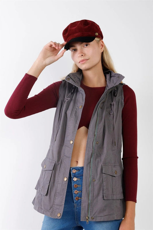 Grey Sleeveless Foldable Detachable Hood Detail Parka Utility Vest - Tasha Apparel Wholesale