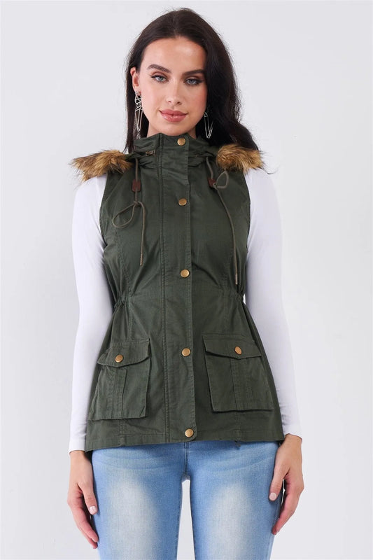 Military Olive Sleeveless Foldable Hood With Detachable Faux Fur Trim Parka Vest /1-3 - Tasha Apparel Wholesale