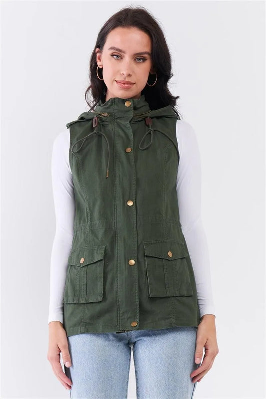 Olive Military Sleeveless Detachable Hoodie Vest Jacket - Tasha Apparel Wholesale