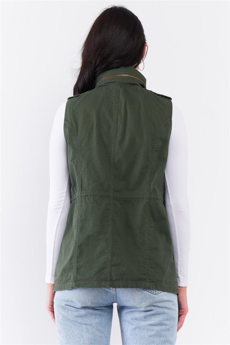 Military Olive Sleeveless Foldable Detachable Hood Detail Parka Utility Vest