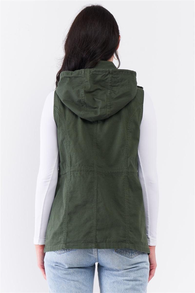 Junior Plus Size Military Olive Sleeveless Foldable Detachable Hood Detail Parka Utility Vest /2-3-1
