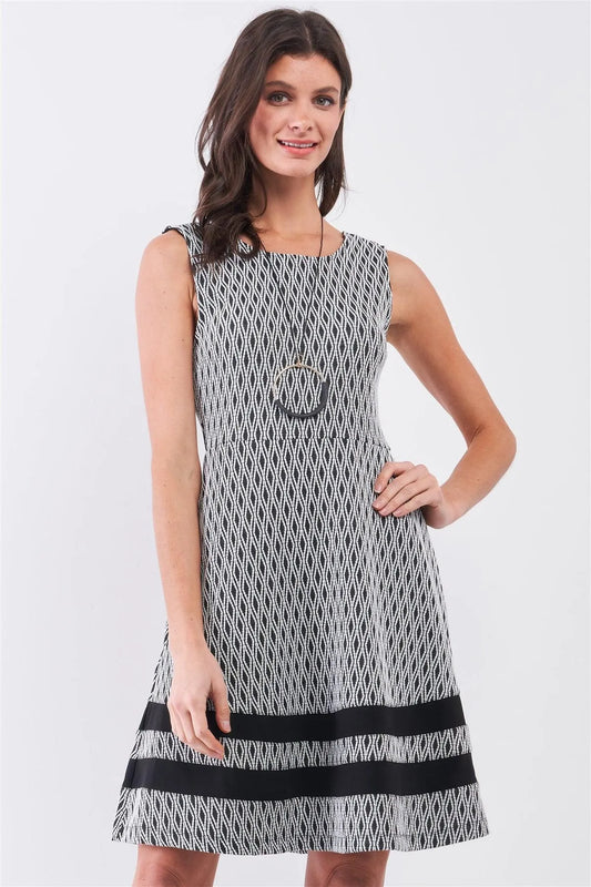 Black & White Diamond Print Round Neck Sleeveless Fitted Flare Mini Dress - Tasha Apparel Wholesale