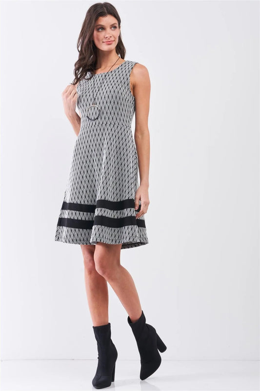 Black & White Diamond Print Round Neck Sleeveless Fitted Flare Mini Dress /1-2-2 - Tasha Apparel Wholesale