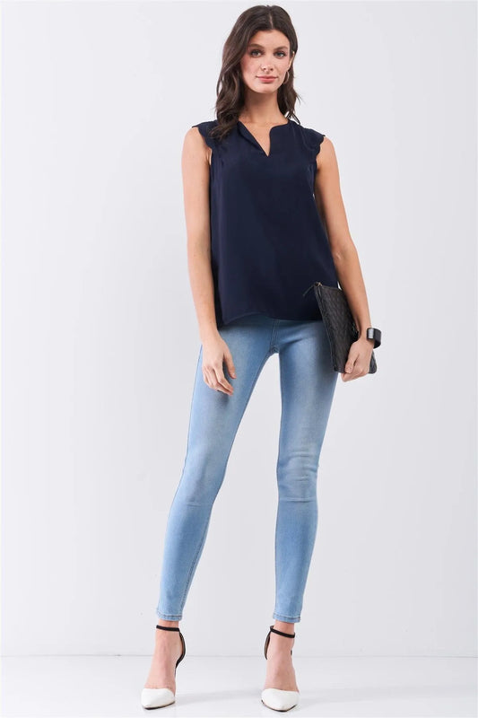 Navy Slit Neckline Scallop Hem Shoulder Detail Loose Fit Tank Top /3-2 - Tasha Apparel Wholesale