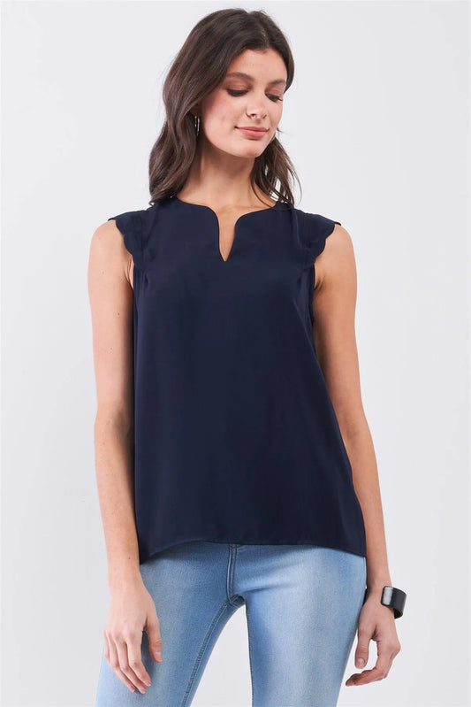Navy Slit Neckline Scallop Hem Shoulder Detail Loose Fit Tank Top /2-3-2-1 - Tasha Apparel Wholesale