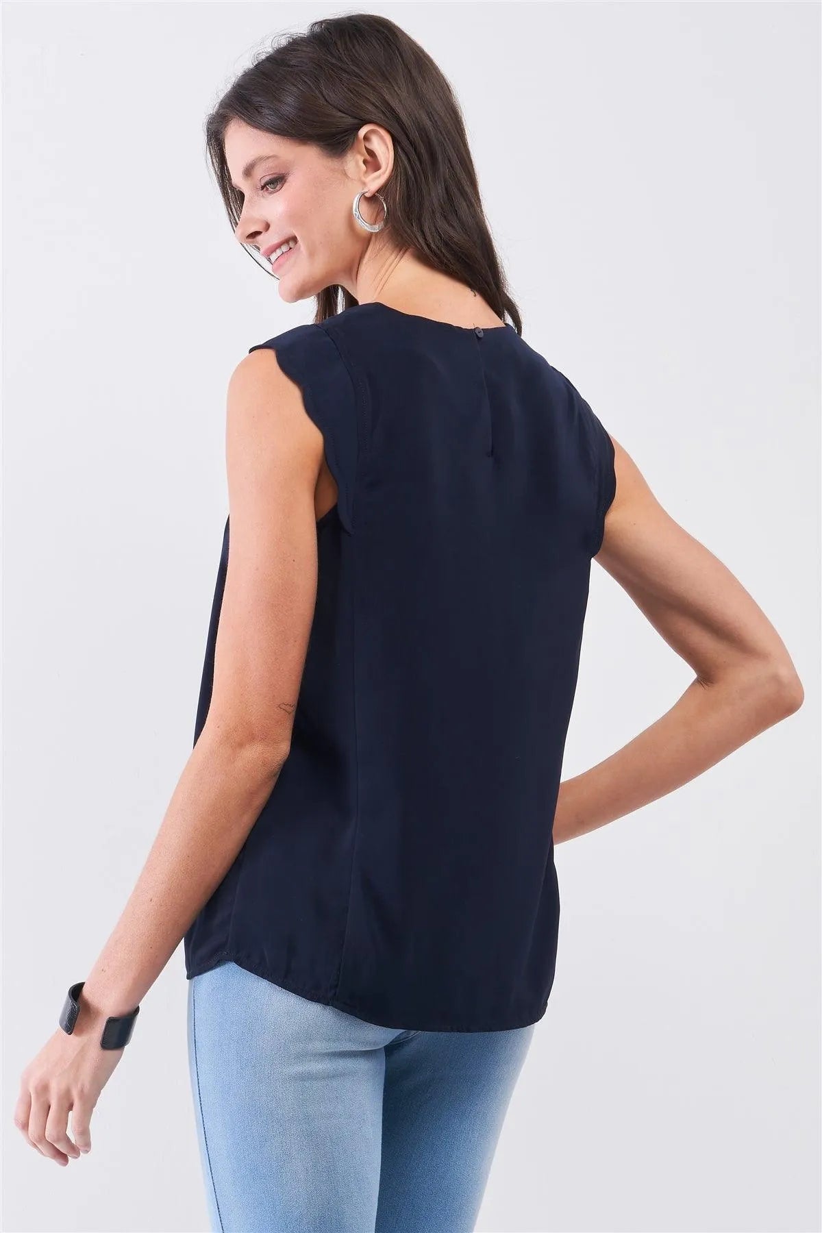 Navy Slit Neckline Scallop Hem Shoulder Detail Loose Fit Tank Top /2-3-1 - Tasha Apparel Wholesale