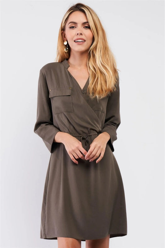 Olive Safari Wrap Front Pockets 3/4 Lapel Sleeve Self-Tie Waist Detail Mini Dress /1-3-2 - Tasha Apparel Wholesale