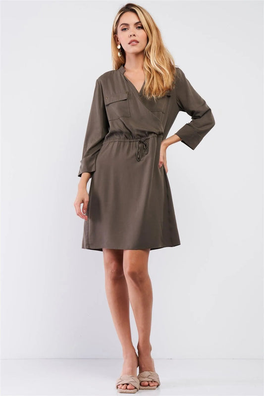 Olive Safari Wrap Front Pockets 3/4 Lapel Sleeve Self-Tie Waist Detail Mini Dress /1-2-3-1 - Tasha Apparel Wholesale