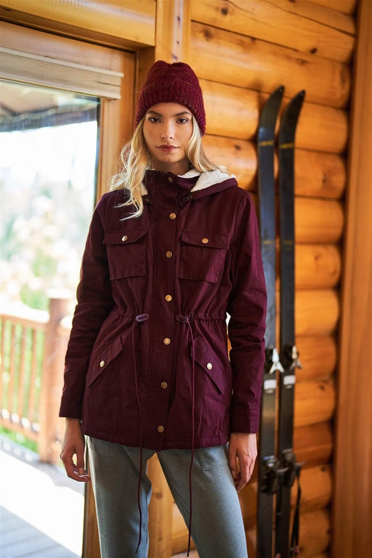 Burgundy Adjustable Fit Fleece Lining Detachable Hood Detail Zip-Up Utility Jacket - Tasha Apparel Wholesale