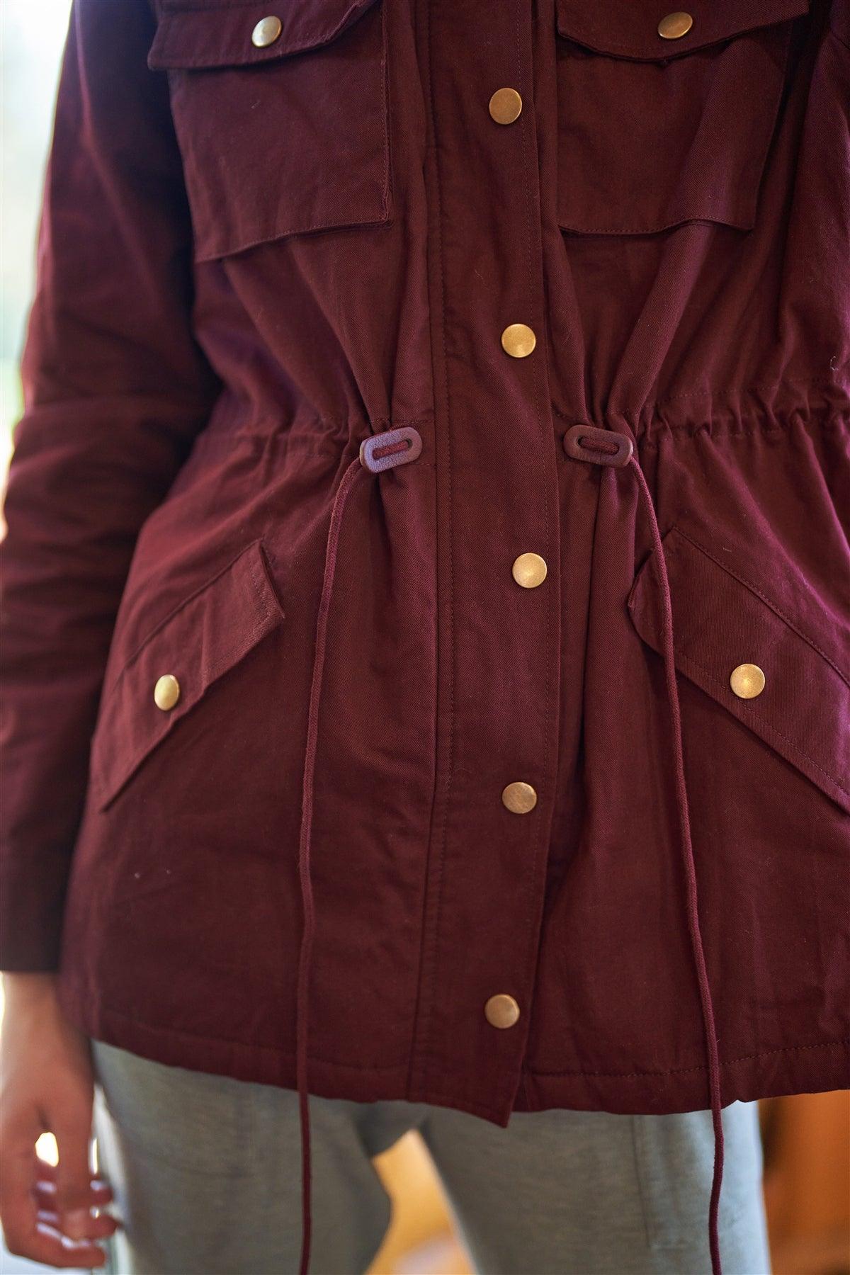 Burgundy Adjustable Fit Fleece Lining Detachable Hood Detail Zip-Up Utility Jacket