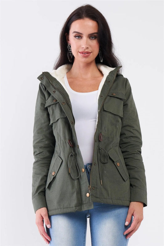Olive Adjustable Fit Fleece Lining Detachable Hood Detail Zip-Up Utility Jacket /1-1-2-1 - Tasha Apparel Wholesale