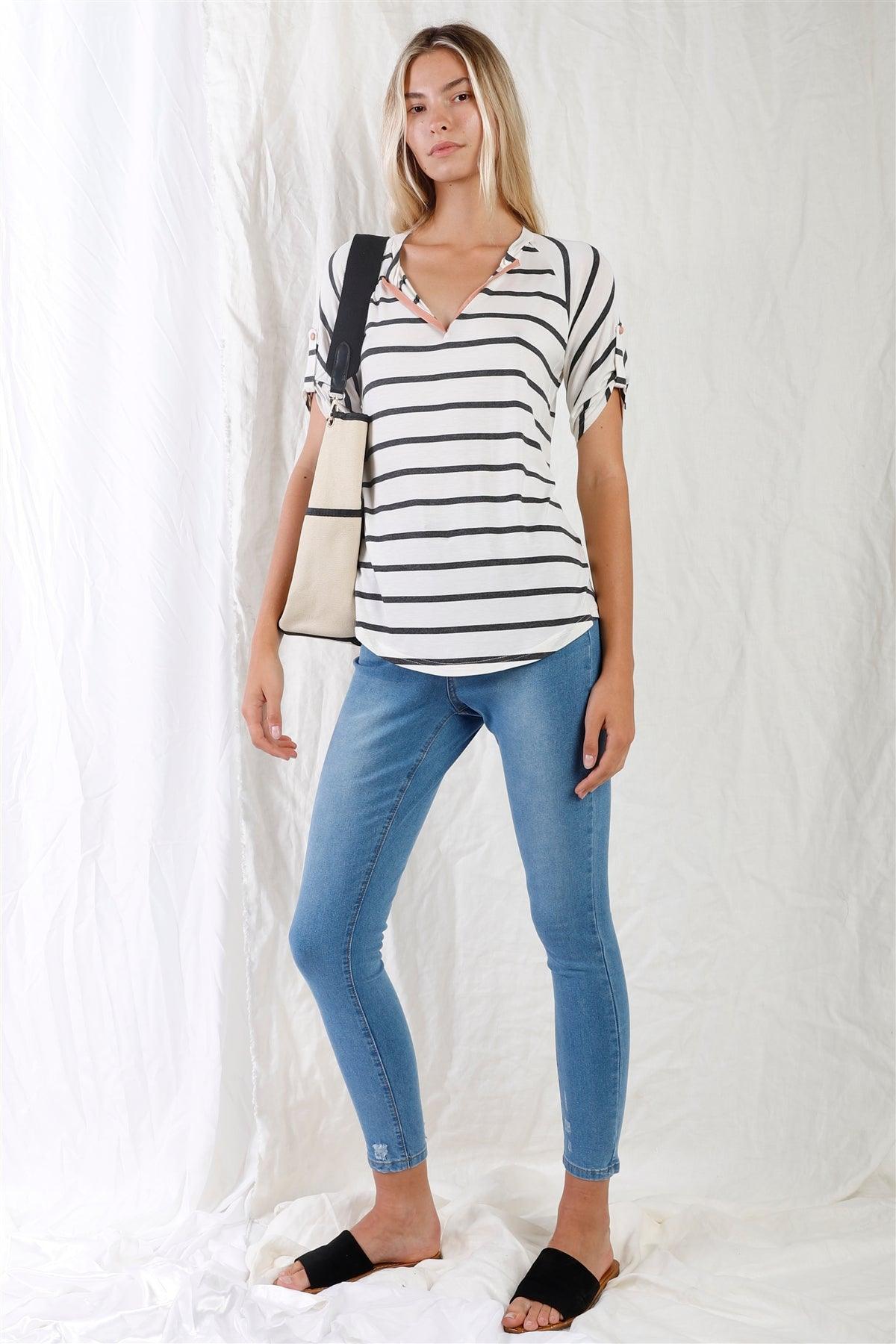 Cream & Grey Striped V-Neck With Vegan Leather Detail Short Roll Up Sleeve Relaxed Fit Top /1-3-1