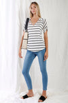 Cream & Grey Striped V-Neck With Vegan Leather Detail Short Roll Up Sleeve Relaxed Fit Top /1-3-1 - Tasha Apparel Wholesale