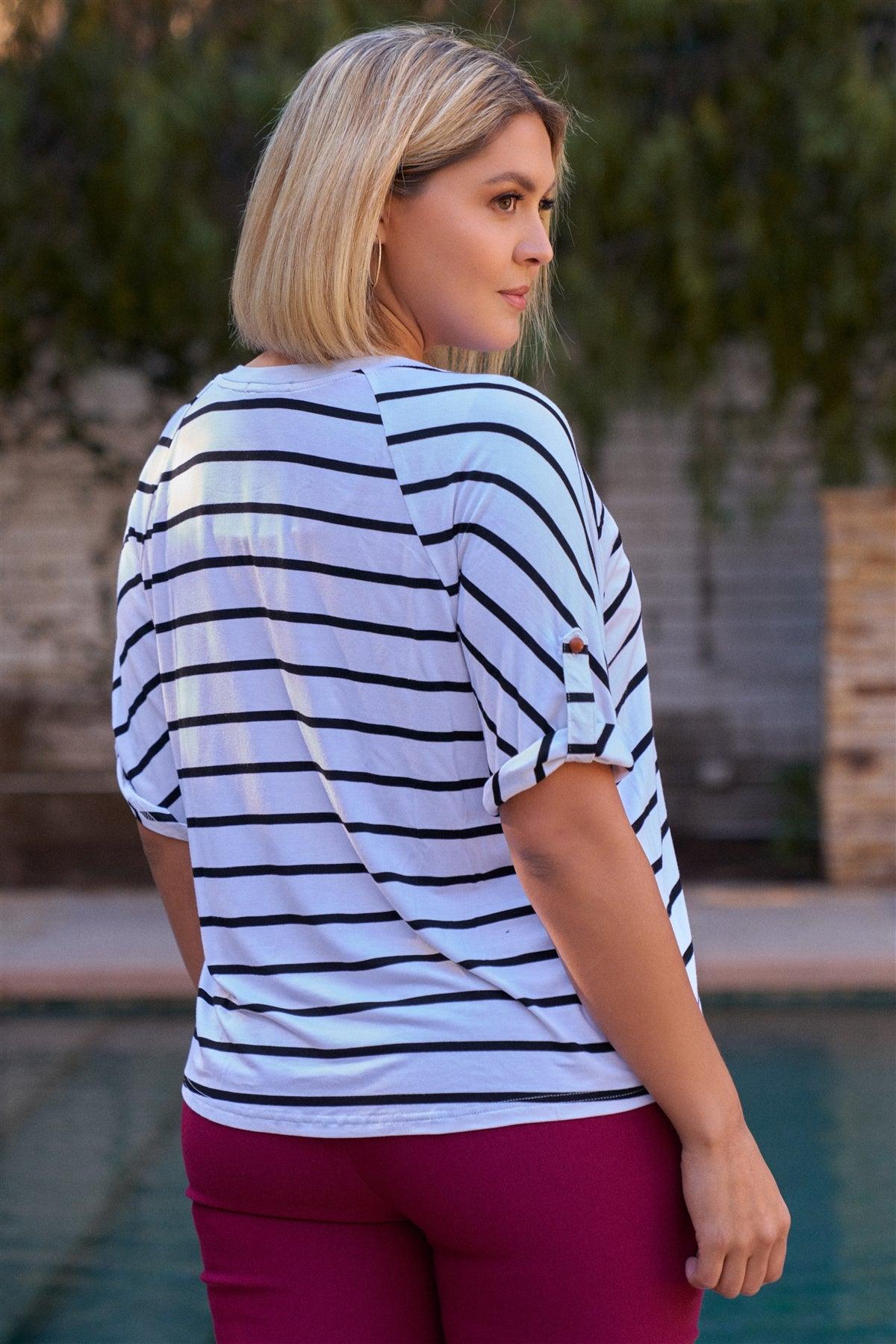 Junior Plus White & Black Striped V-Neck With Vegan Leather Detail Short Roll Up Sleeve Relaxed Fit Top /2-2
