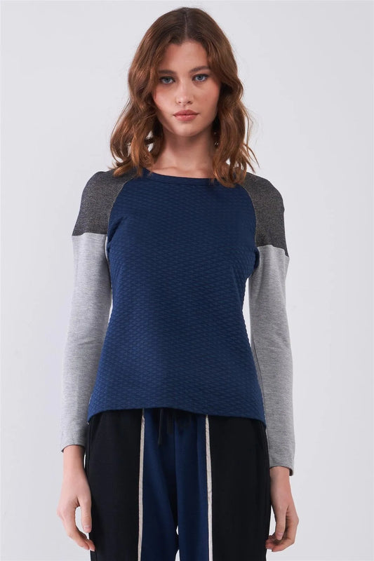 Navy & Grey Colorblock Round Neck Quilted Long Sleeve Sweatshirt /2-2-1-1 - Tasha Apparel Wholesale