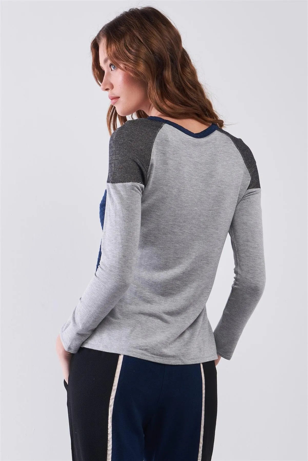 Navy & Grey Colorblock Round Neck Quilted Long Sleeve Sweatshirt /2-2-1-1 - Tasha Apparel Wholesale