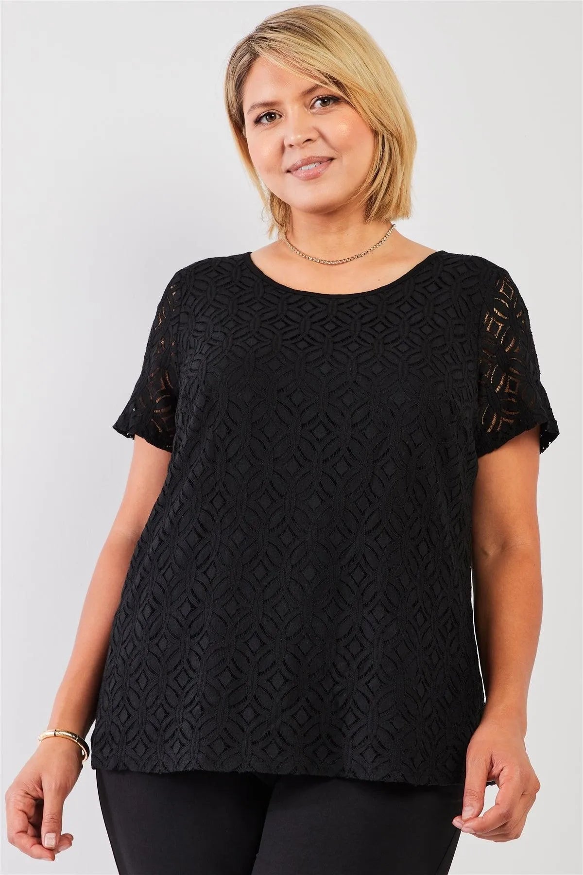 Junior Plus Black Round Neck Short Sleeve Lace Embroidery Top /1-2-1 - Tasha Apparel Wholesale