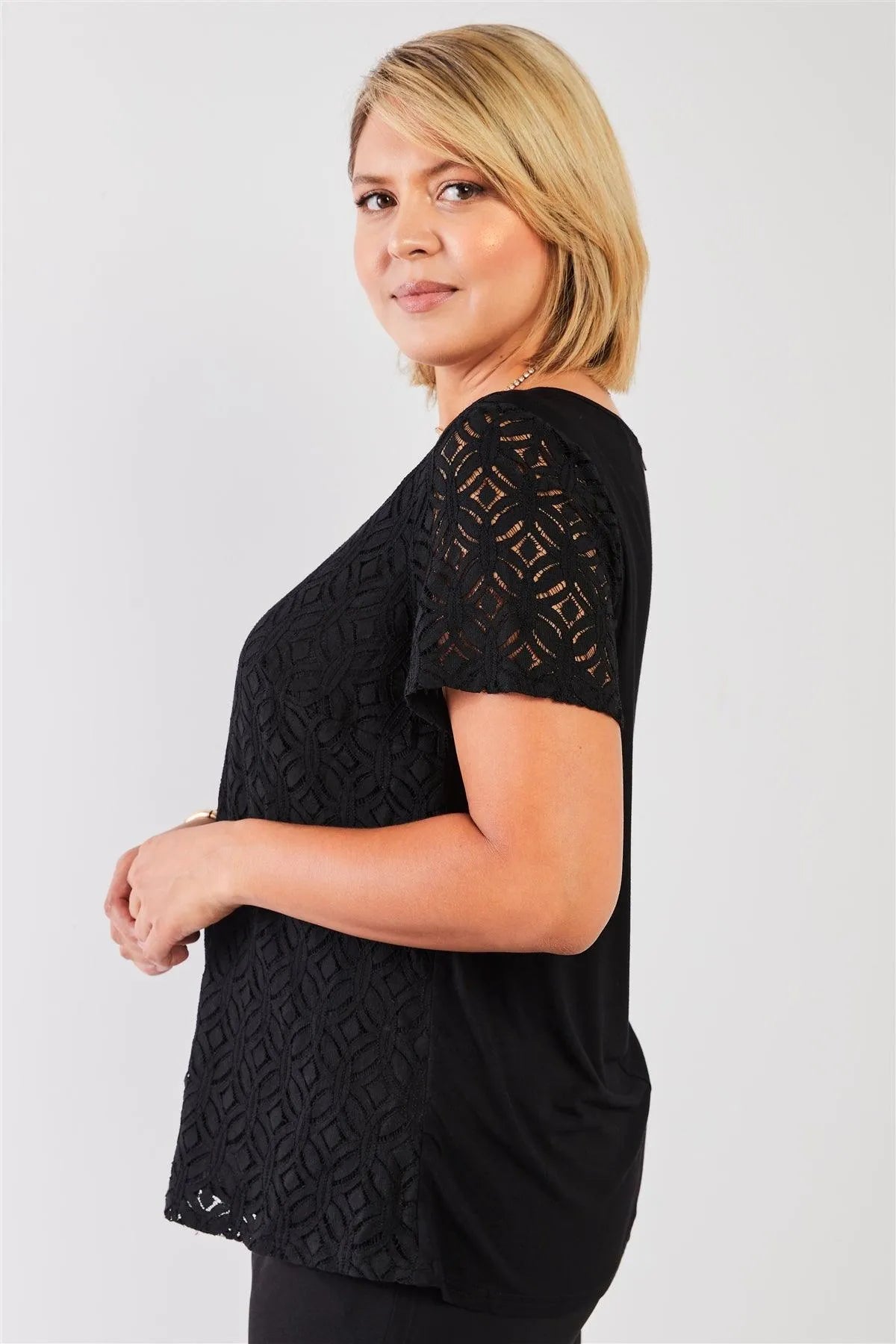 Junior Plus Black Round Neck Short Sleeve Lace Embroidery Top /1-2-1 - Tasha Apparel Wholesale