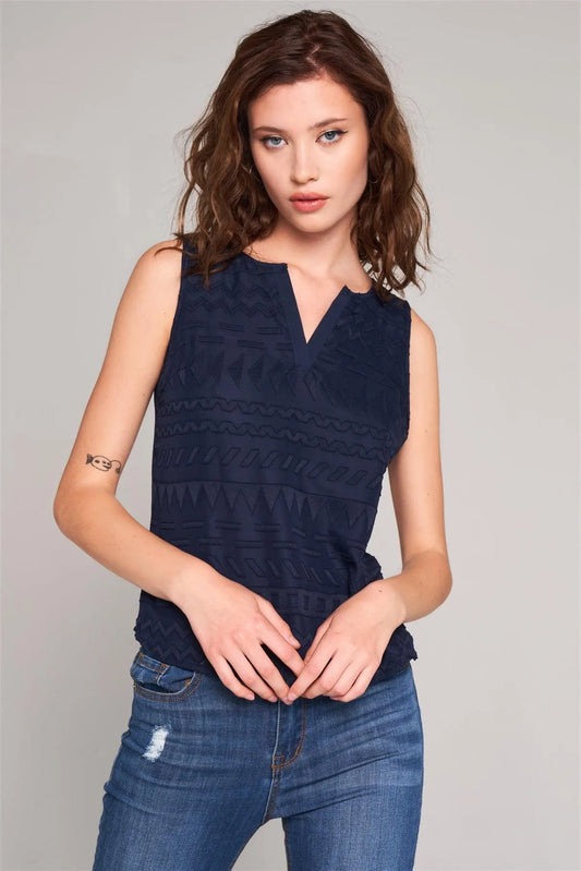 Navy Blue Sleeveless Geometric Embroidered Insert Front Trim V-Cut Neck Relaxed Top /2-3-2-1 - Tasha Apparel Wholesale