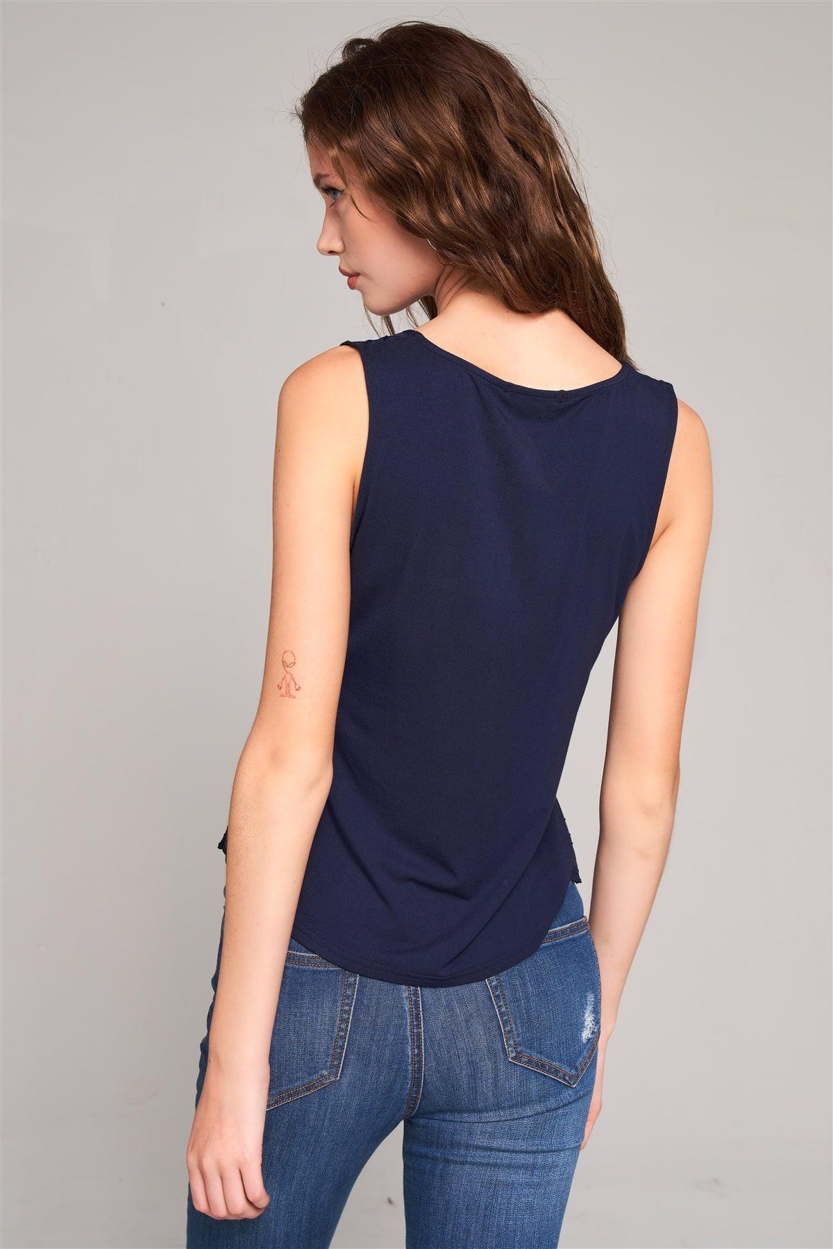 Navy Blue Sleeveless Geometric Embroidered Insert Front Trim V-Cut Neck Relaxed Top /2-3-2-1