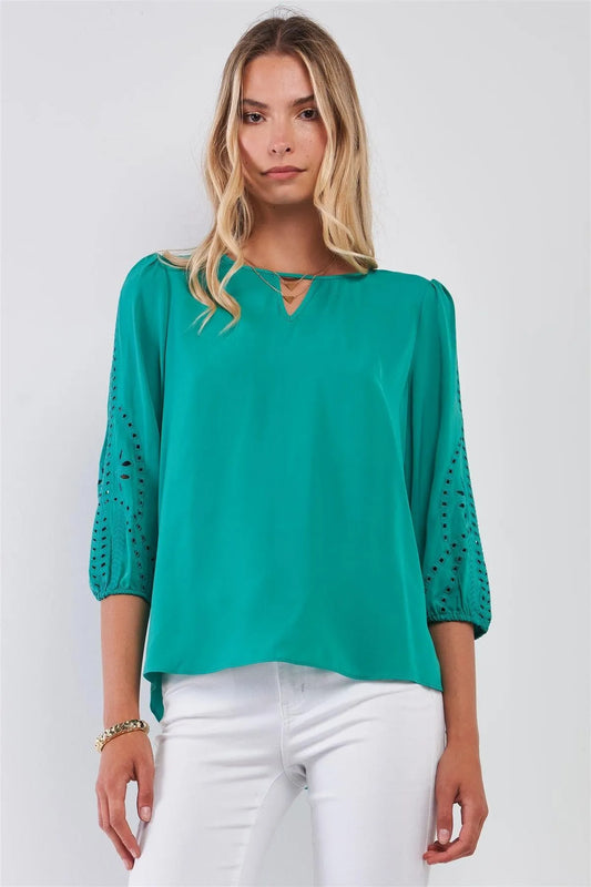 Forest Green Boho Laser-Cut Embroidery Trim Balloon Sleeve Relaxed Blouse Top /1-1-2-2 - Tasha Apparel Wholesale