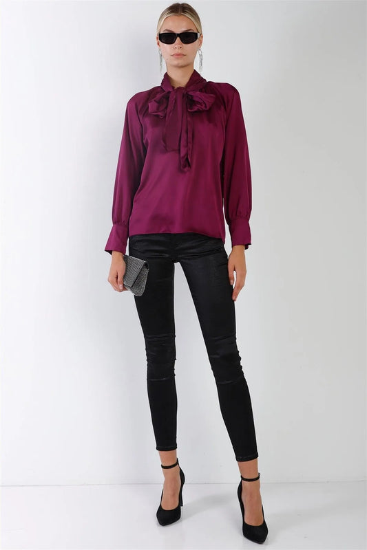 Violet Satin Long Sleeve Tie-Neck Blouse Top /2-3 - Tasha Apparel Wholesale