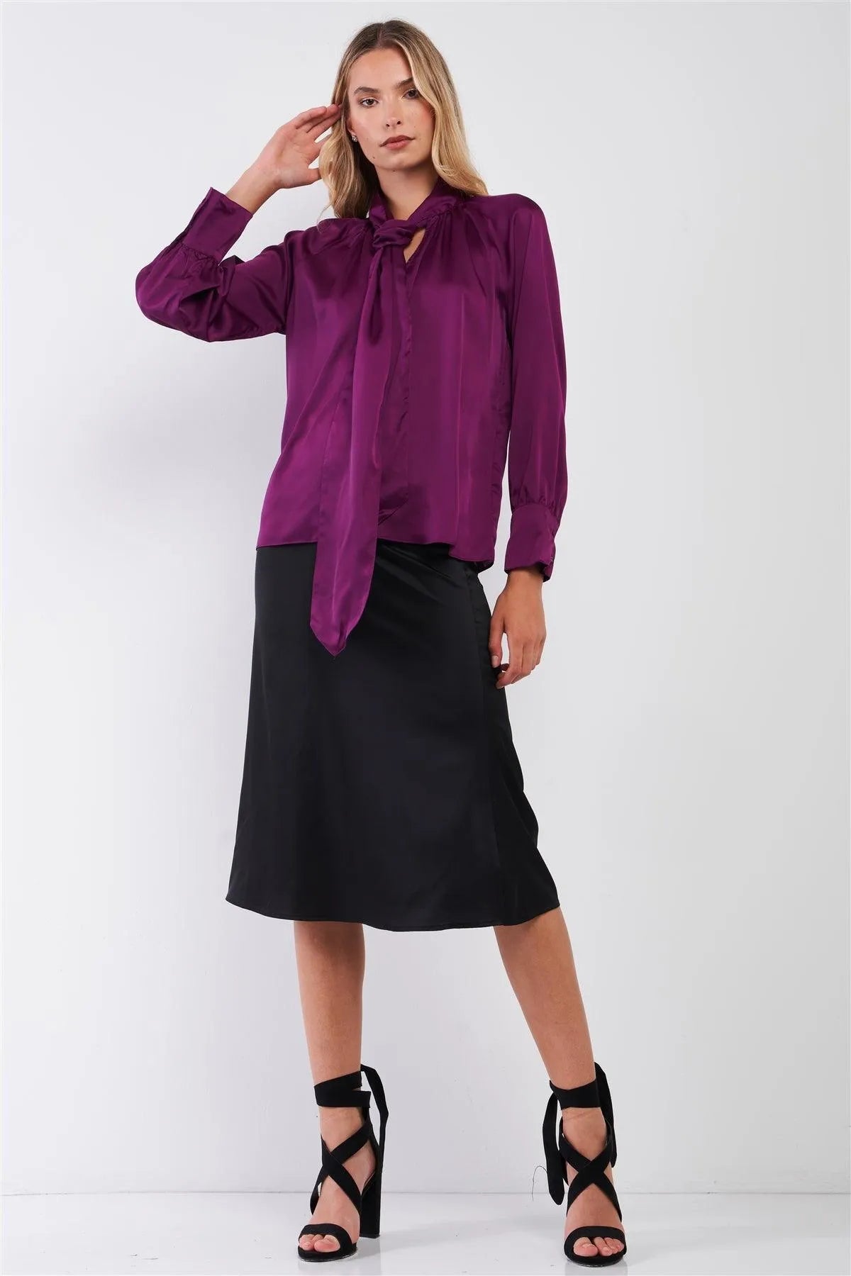 Violet Satin Long Sleeve Tie-Neck Blouse Top /2-3 - Tasha Apparel Wholesale