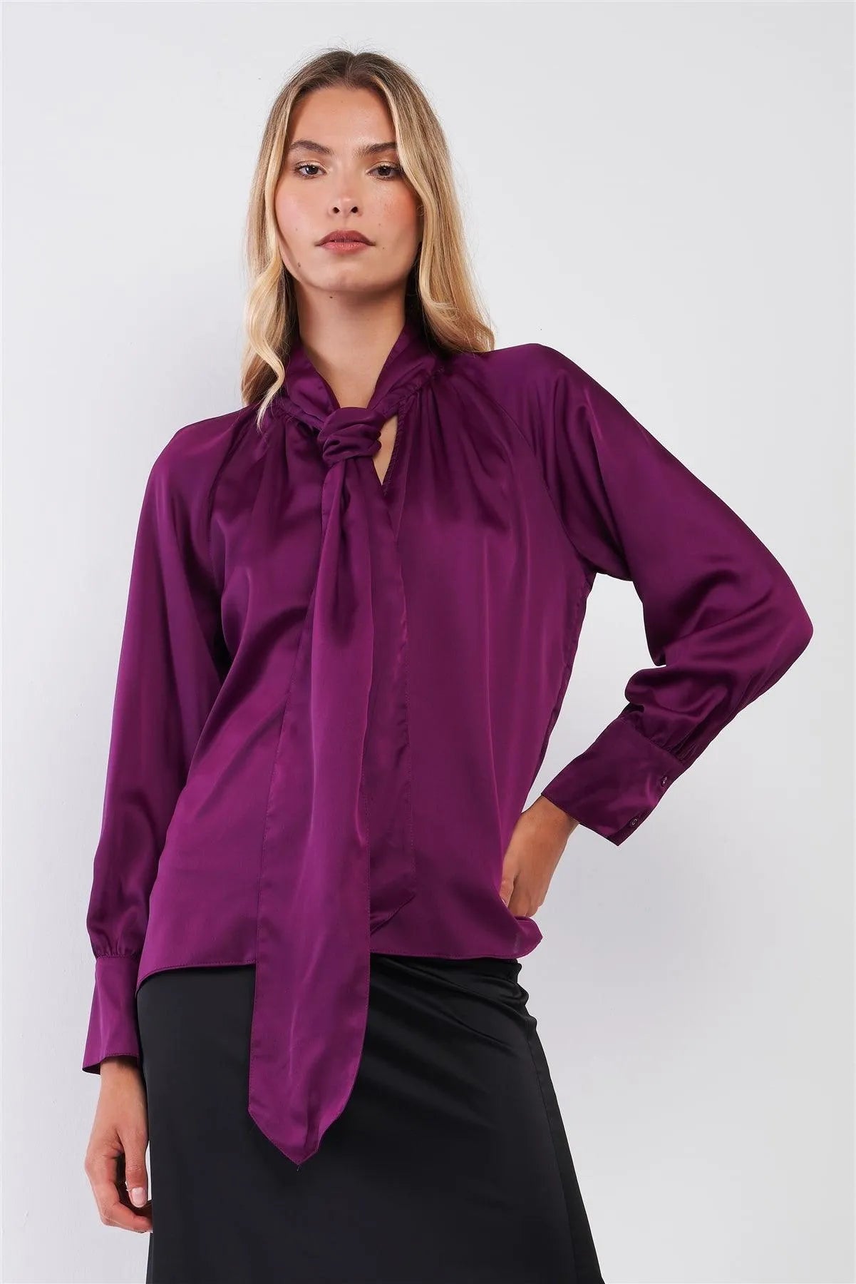 Violet Satin Long Sleeve Tie-Neck Blouse Top /2-3 - Tasha Apparel Wholesale