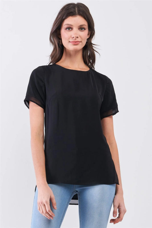 Black Short Sleeve Round Neck Loose Fit Two Side Split T-Short Top /2-4 - Tasha Apparel Wholesale