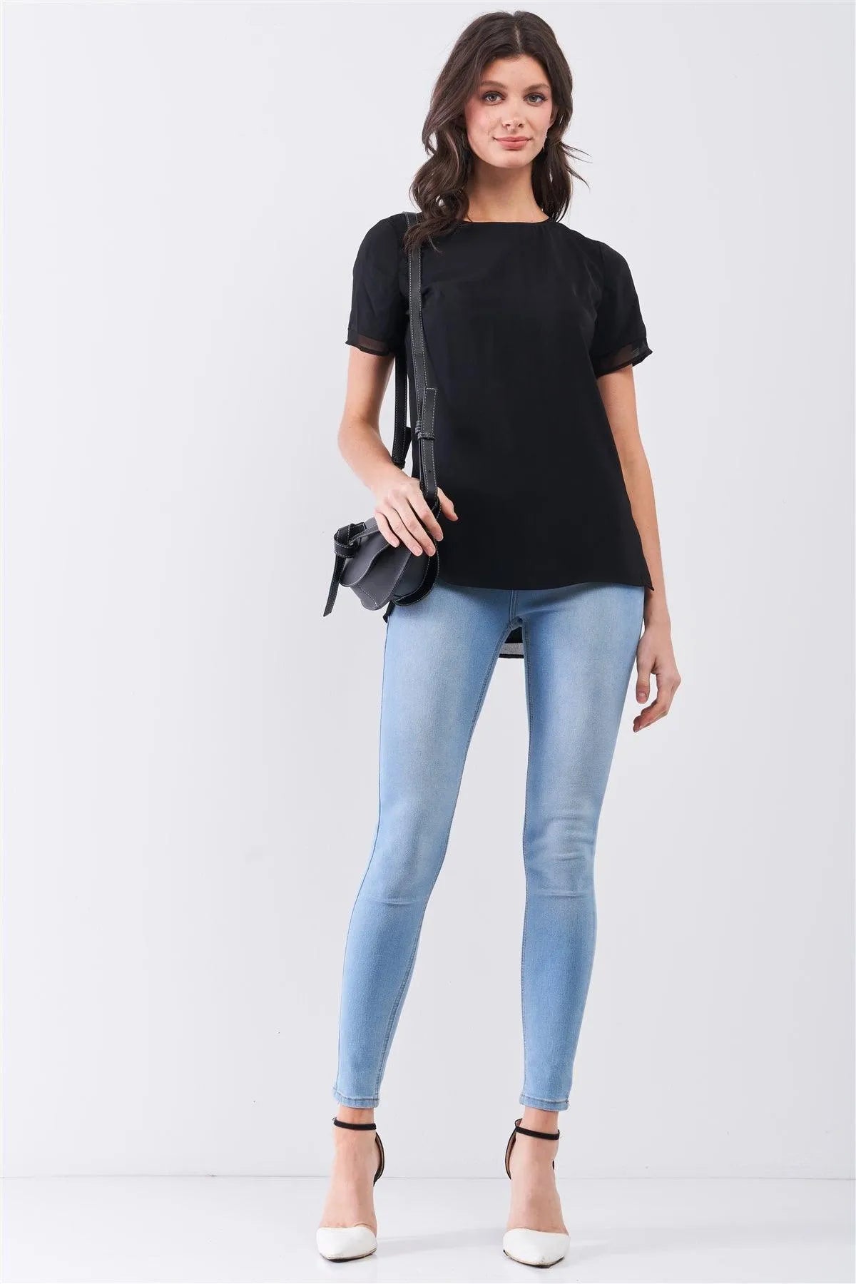 Black Short Sleeve Round Neck Loose Fit Two Side Split T-Short Top /2-4-1 - Tasha Apparel Wholesale
