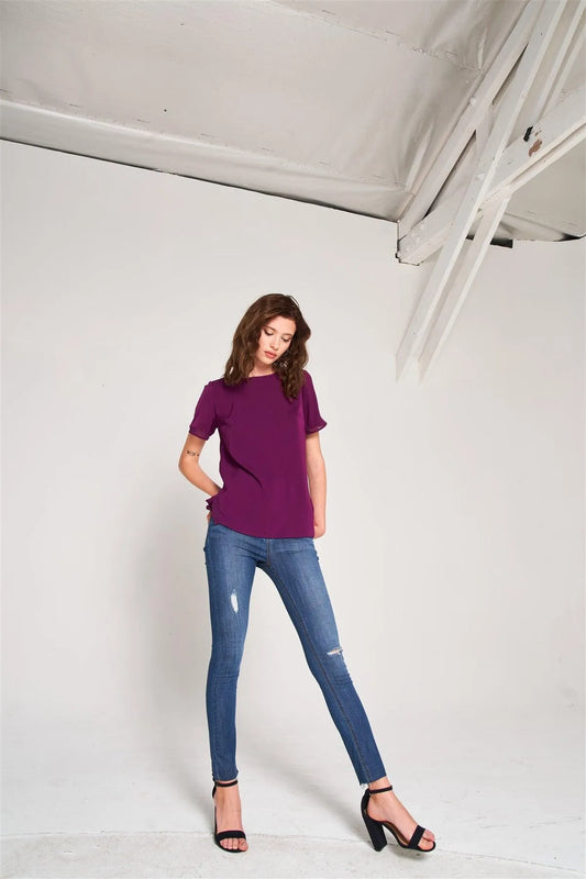Orchid Short Sleeve Round Neck Loose Fit Two Side Split T-Short Top /2-3-1-1 - Tasha Apparel Wholesale