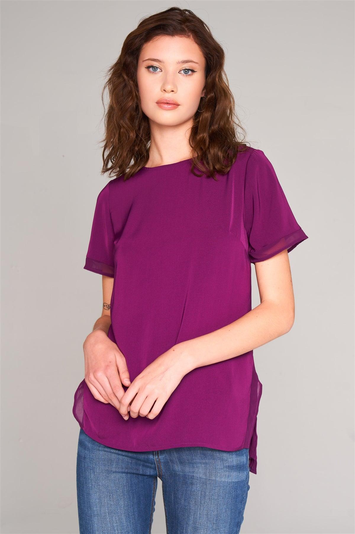Orchid Short Sleeve Round Neck Loose Fit Two Side Split T-Short Top /2-3-1-1