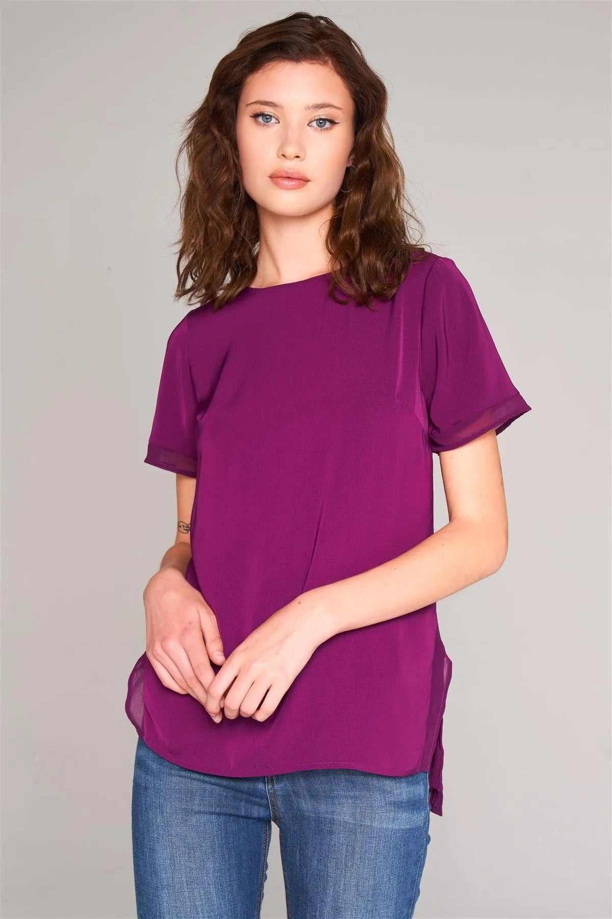 Orchid Short Sleeve Round Neck Loose Fit Two Side Split T-Short Top /2-3-1-1 - Tasha Apparel Wholesale