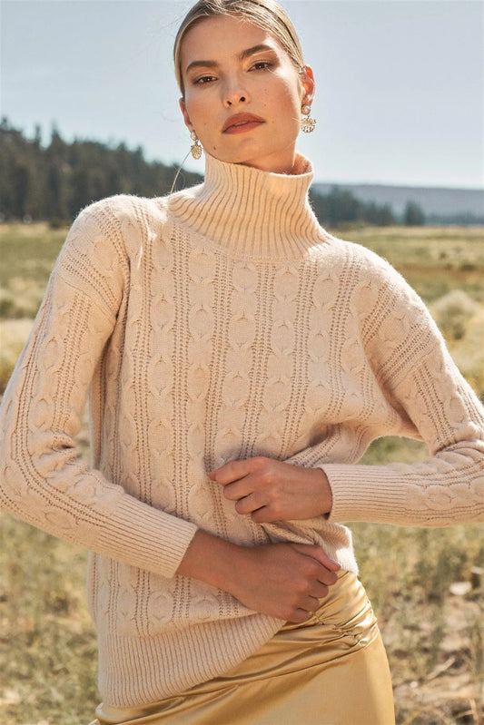 Apricot-Taupe Cable Knit Turtle Neck Long Sleeve Dropped Shoulders Loose Fit Sweater In One Size / 6 Pieces - Tasha Apparel Wholesale