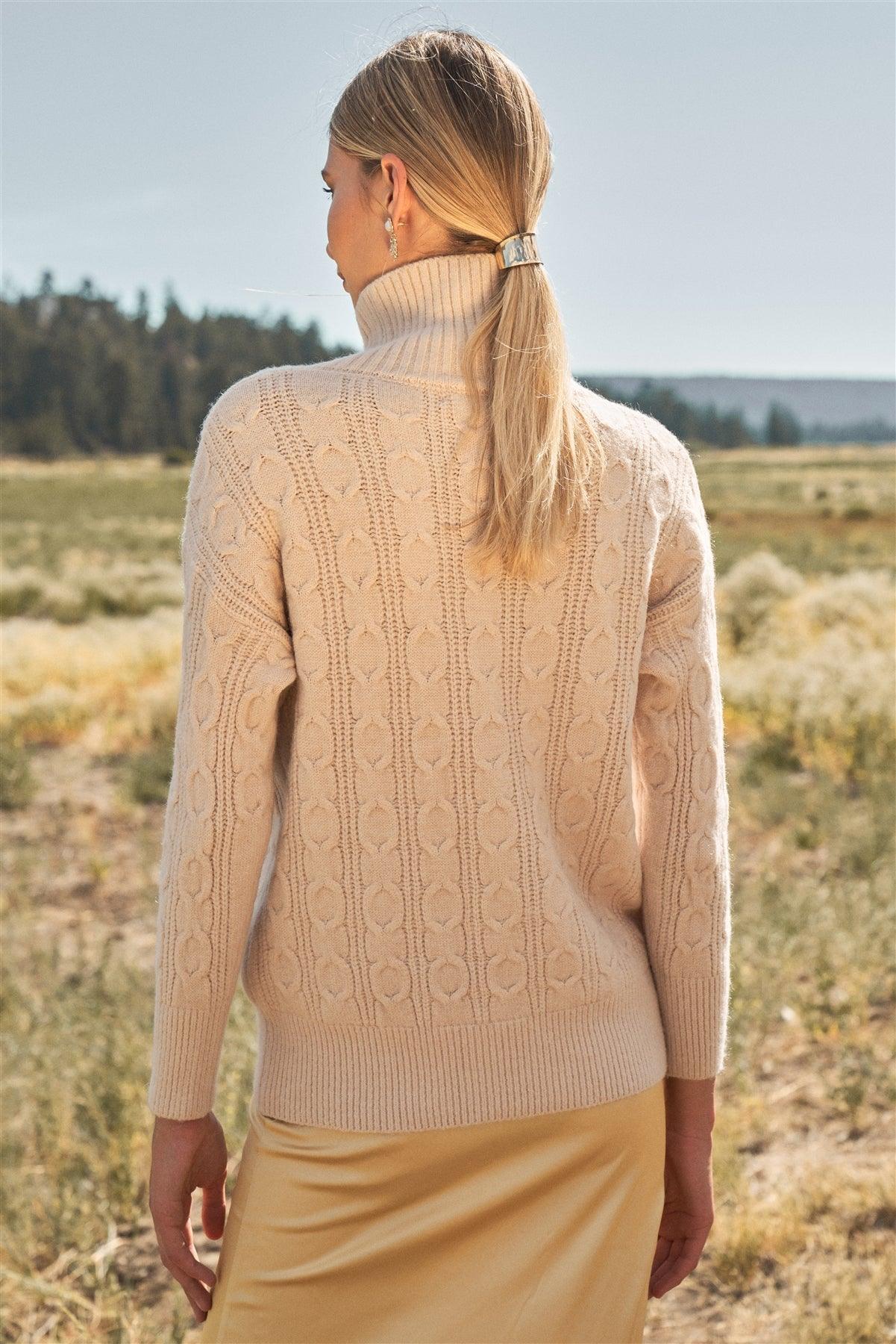 Apricot-Taupe Cable Knit Turtle Neck Long Sleeve Dropped Shoulders Loose Fit Sweater In One Size / 6 Pieces