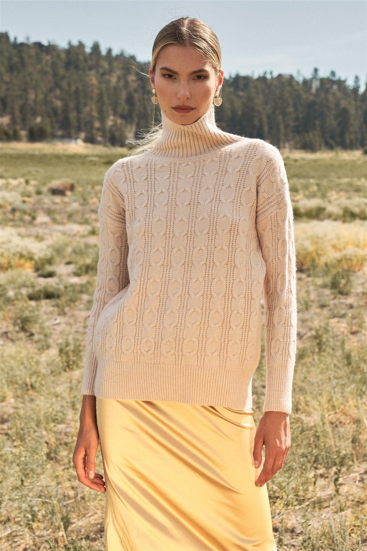 Apricot-Taupe Cable Knit Turtle Neck Long Sleeve Dropped Shoulders Loose Fit Sweater In One Size / 6 Pieces