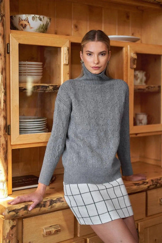 Grey Cable Knit Turtle Neck Long Sleeve Dropped Shoulders Loose Fit Sweater In One Size / 6 Pieces - Tasha Apparel Wholesale