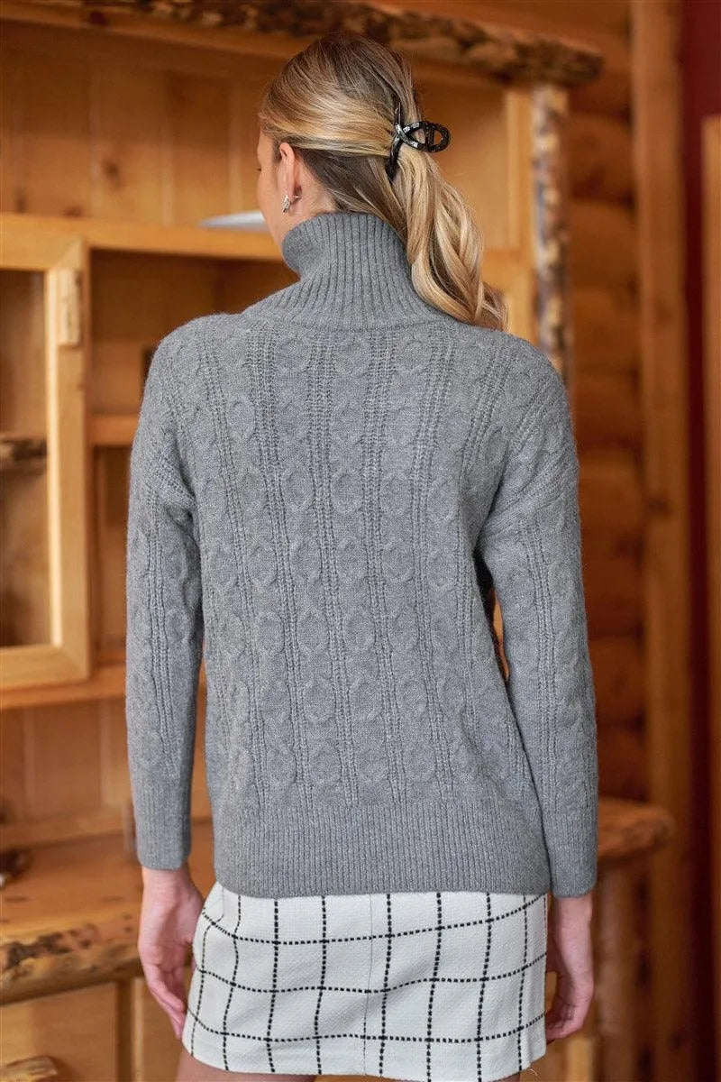 Grey Cable Knit Turtle Neck Long Sleeve Dropped Shoulders Loose Fit Sweater In One Size / 6 Pieces - Tasha Apparel Wholesale
