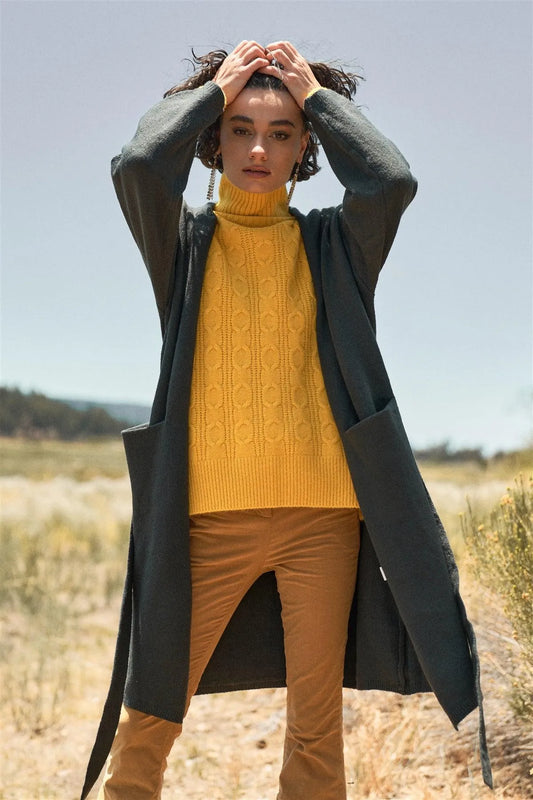 Yellow Cable Knit Turtle Neck Long Sleeve Dropped Shoulders Loose Fit Sweater In One Size / 6 Pieces - Tasha Apparel Wholesale
