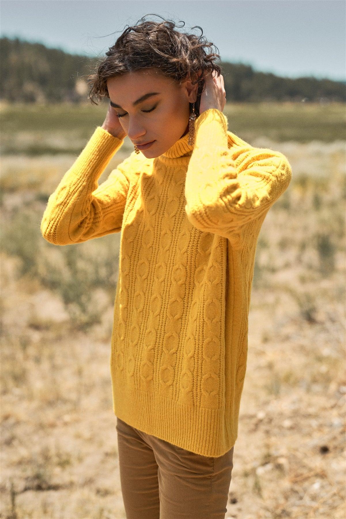 Yellow Cable Knit Turtle Neck Long Sleeve Dropped Shoulders Loose Fit Sweater In One Size / 6 Pieces