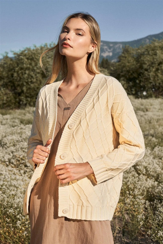 Cream Button-Down Front Edge-To-Edge Cable Knit Sweater Cardigan /ONE SIZE - Tasha Apparel Wholesale