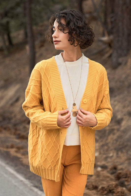 Amber Yellow Button-Down Front Edge-To-Edge Cable Knit Sweater Cardigan /OS - Tasha Apparel Wholesale