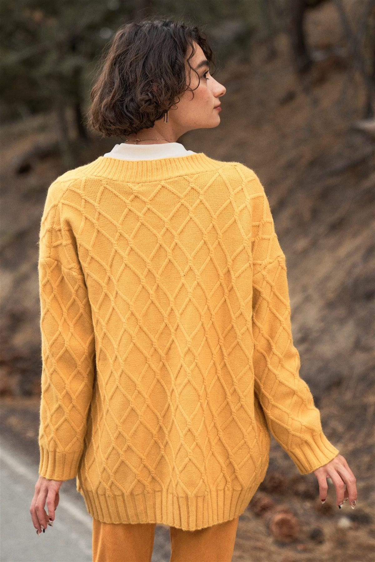 Amber Yellow Button-Down Front Edge-To-Edge Cable Knit Sweater Cardigan /OS