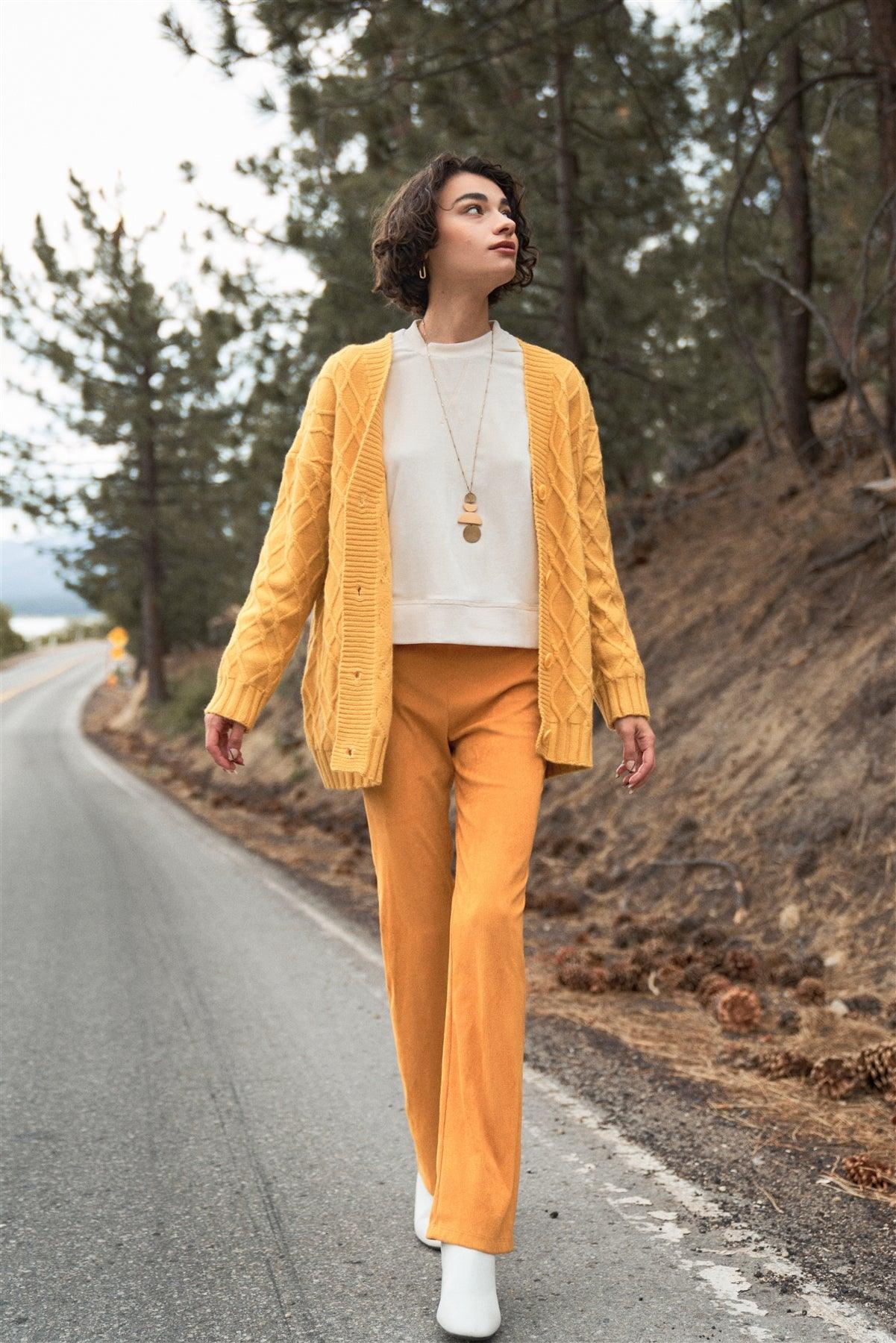 Amber Yellow Button-Down Front Edge-To-Edge Cable Knit Sweater Cardigan /OS
