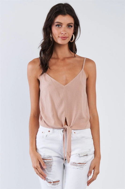 Smoke Taupe Rose Font Tummy Tie V-Neck Cami Crop Top /1-2-2 - Tasha Apparel Wholesale