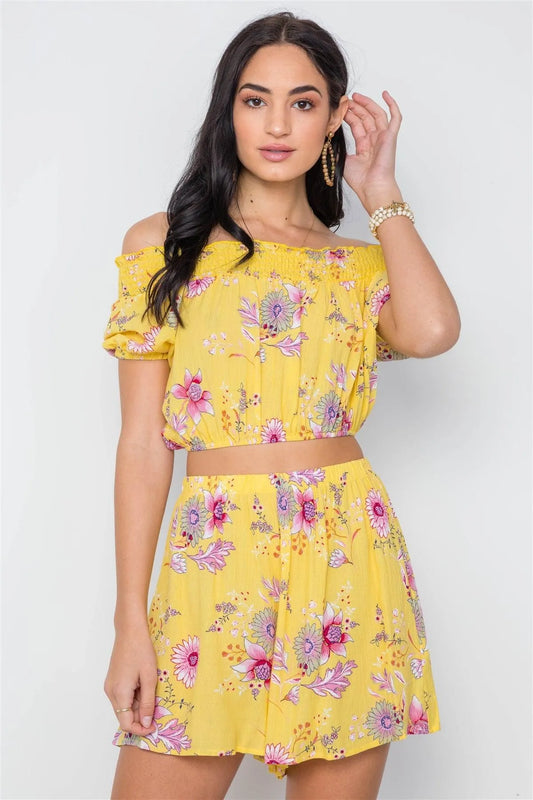 Yellow Floral Print Off-The-Shoulder Crop Top Shorts Set /3-2-1 - Tasha Apparel Wholesale
